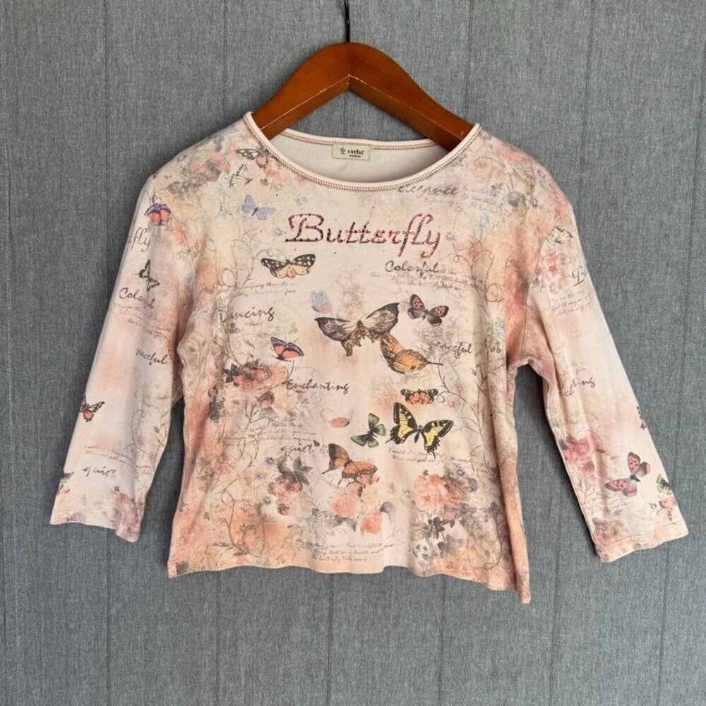 Y2K Cactus 100% Cotton Peach Pink Butterfly Gold Crystal Embelilshed Top Size M